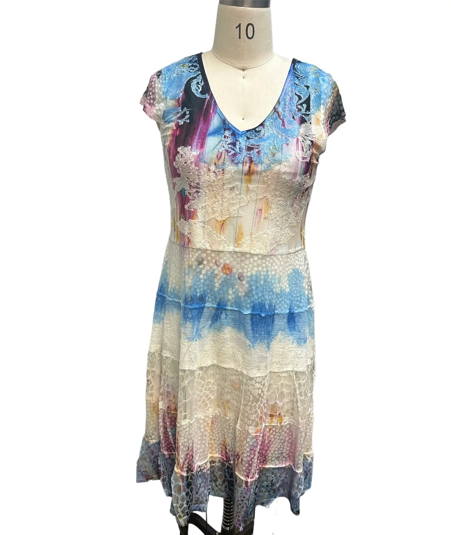 Women's Tiered Patchwork Dress with Mixed Prints and Lace