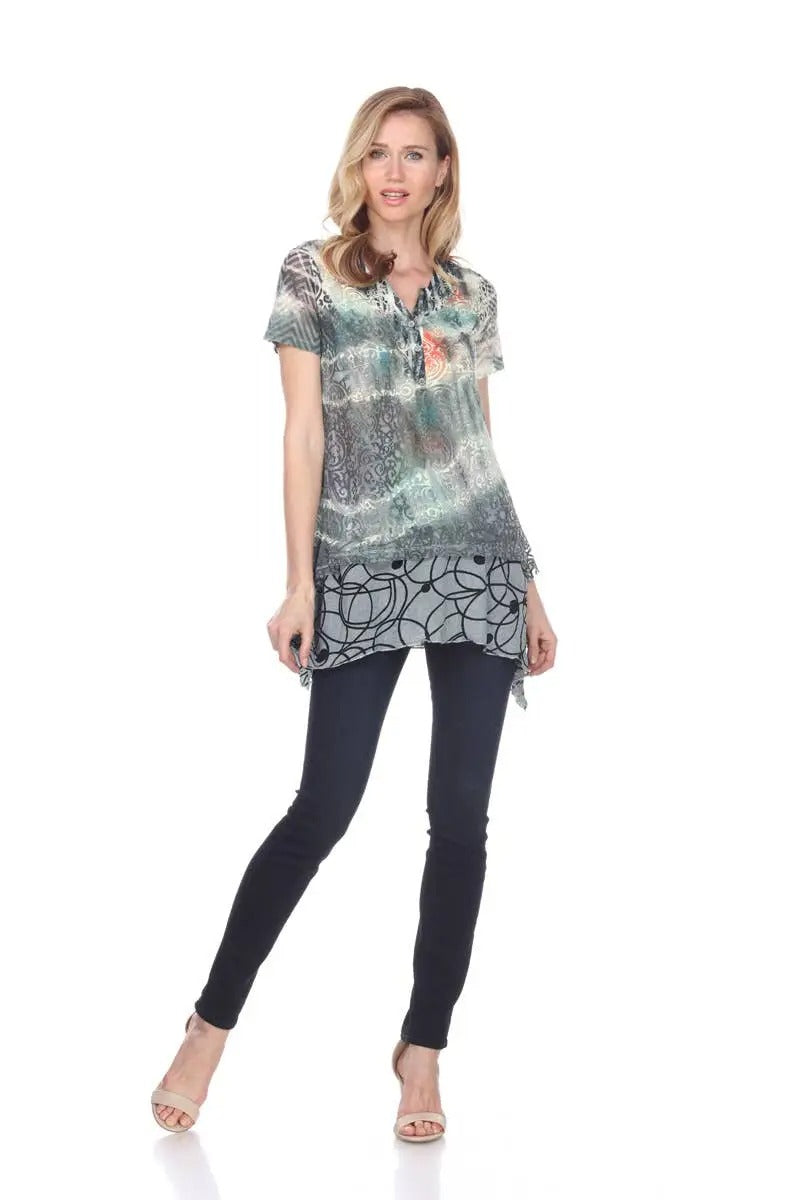 Women's Patchwork Print Short Sleeve Tunic Top