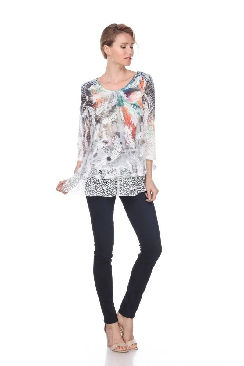 Women's Colorful Feather Print Tunic with Mixed Pattern Hem
