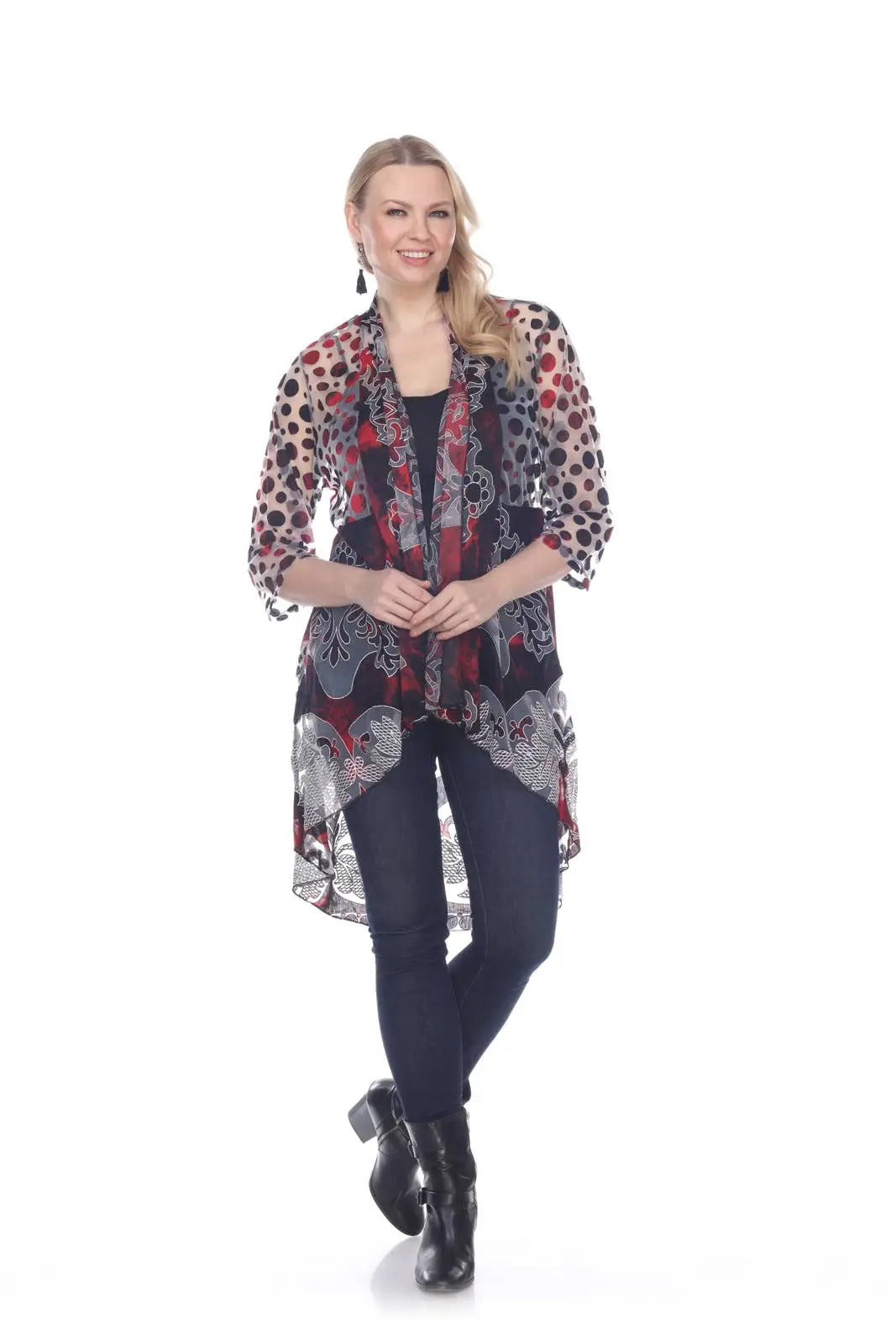Women's Mixed Pattern Open Front Cardigan with Polka Dot Sleeves