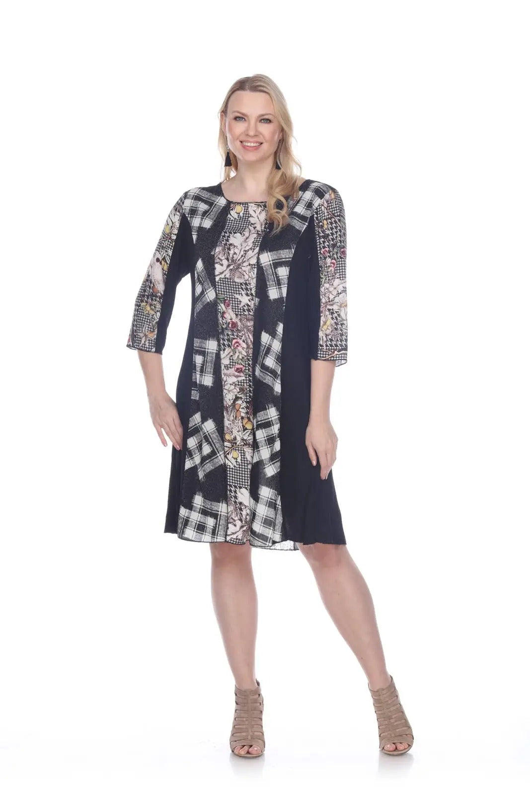 Women's Mixed Pattern A-Line Dress with 3/4 Sleeves