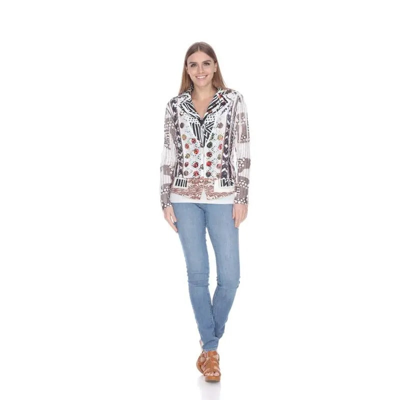 Women's Mixed Print Button-Front Blouse with Collar