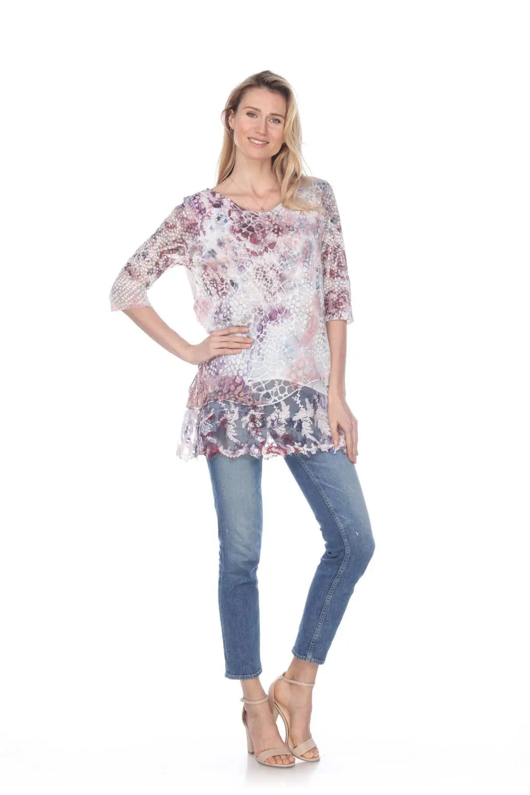 Women's Floral Patchwork Tunic with Three-Quarter Sleeves