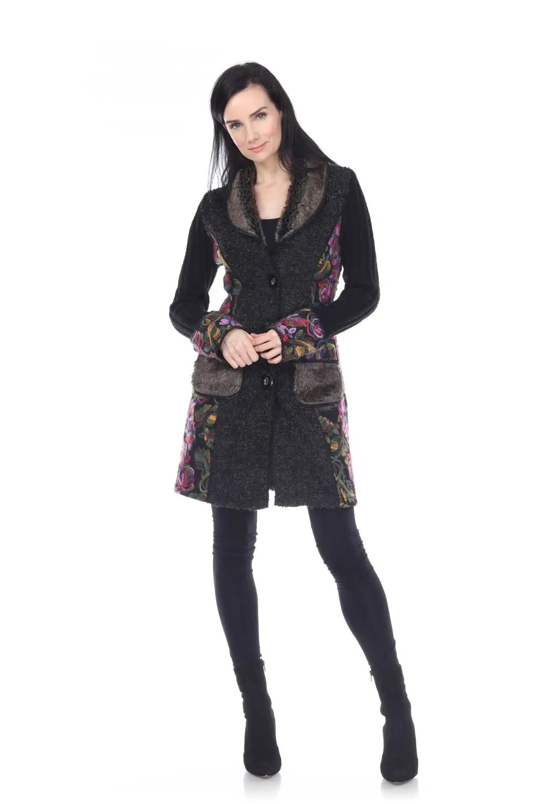 Women's Floral Patterned Wool Blend Long Coat with Collar