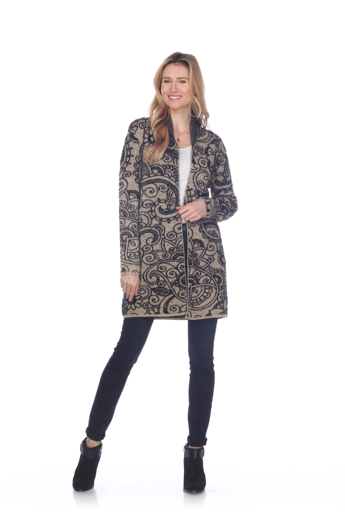 Women's Ornate Scroll Pattern Open Front Cardigan