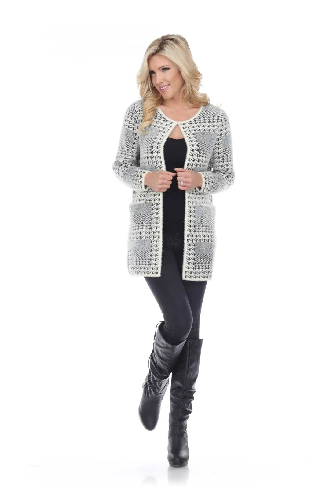 Women's Houndstooth Pattern Open Front Cardigan