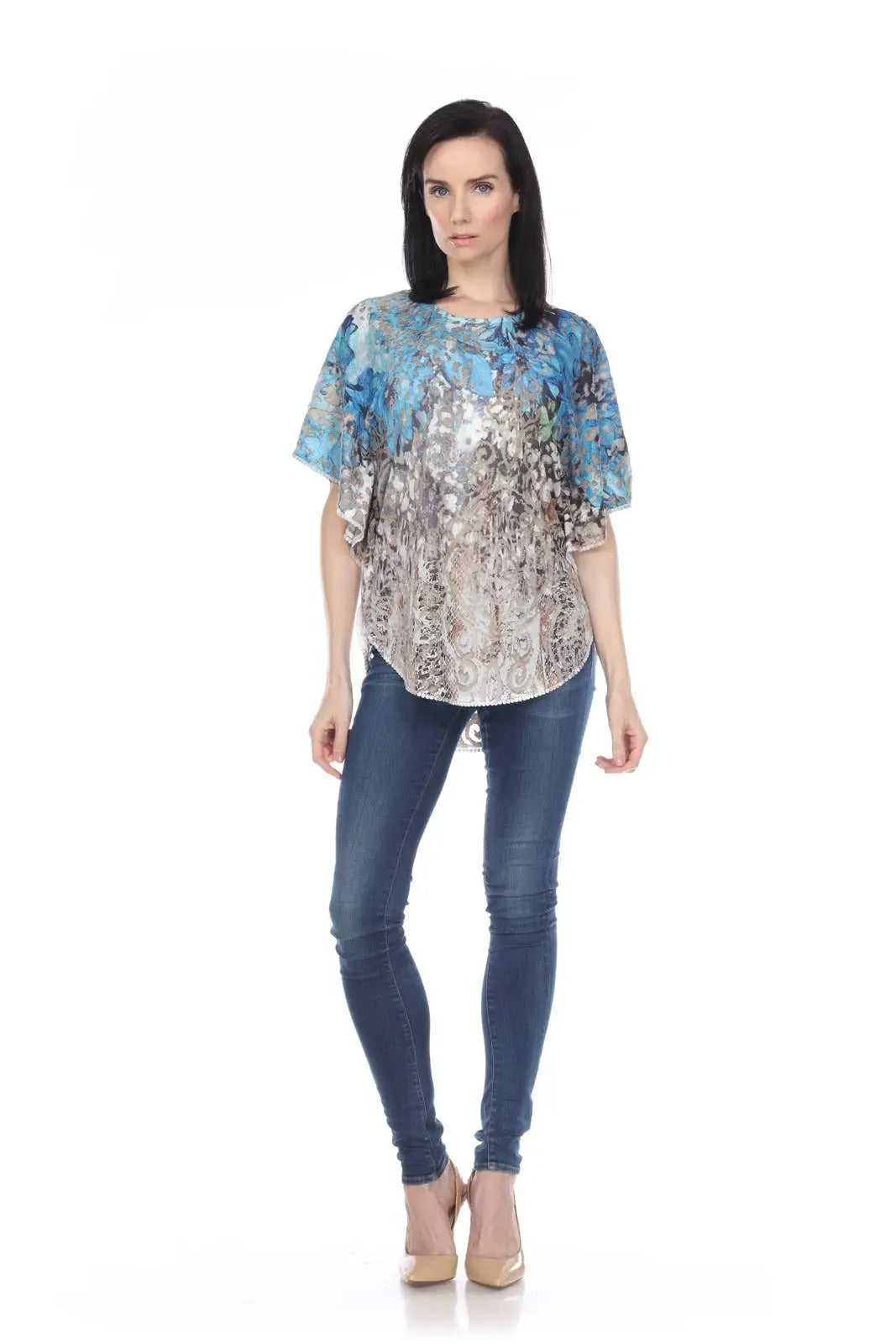 Women's Mixed Print Lace Overlay Blouse