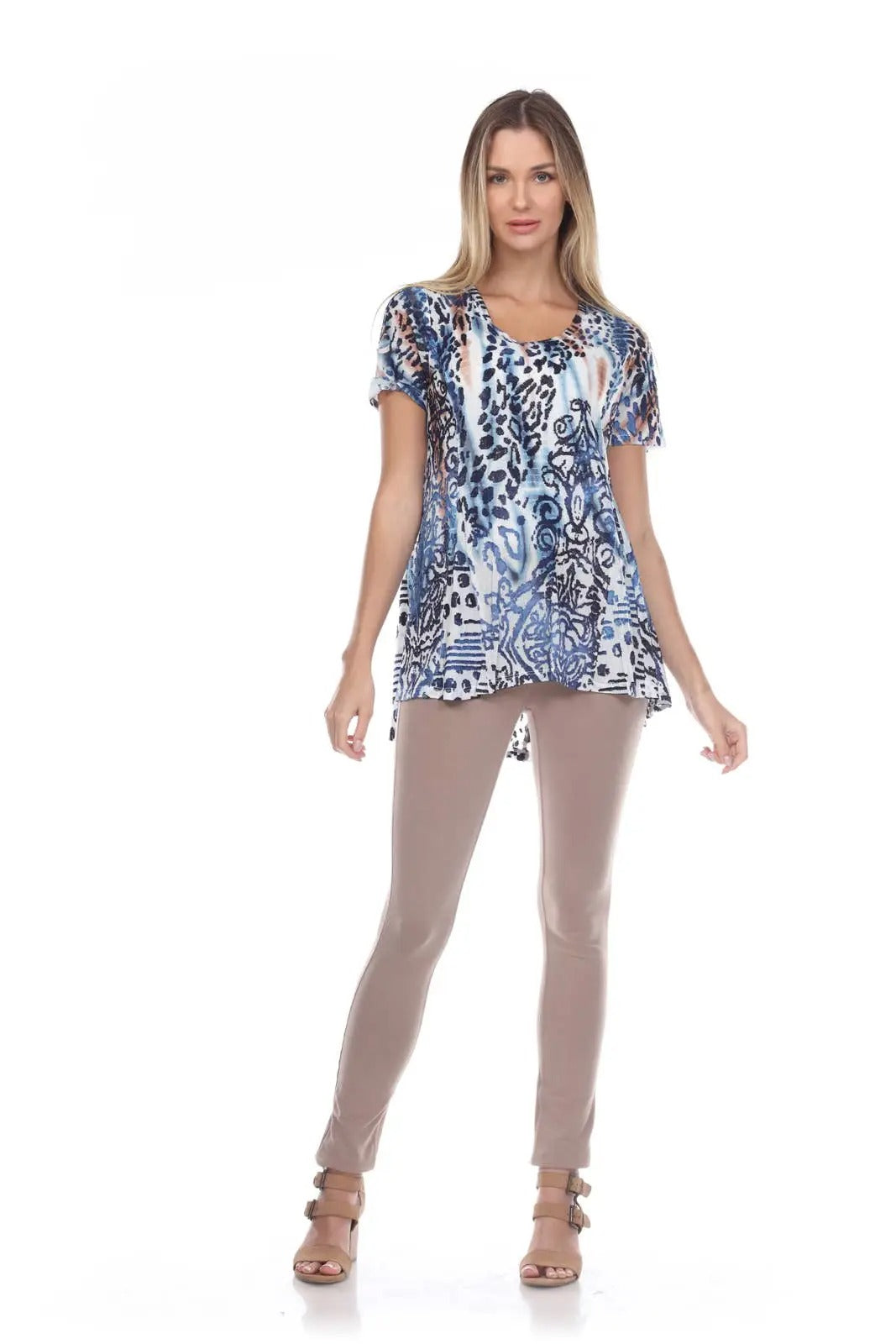 Women's Blue and White Patterned Short Sleeve Tunic Top