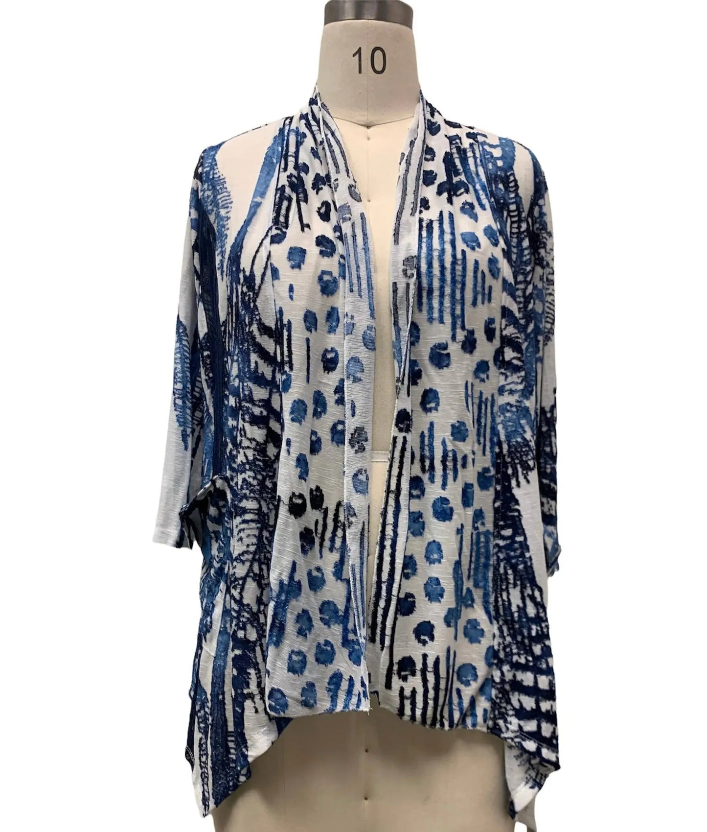 Women's Blue and White Patterned Open Front Cardigan