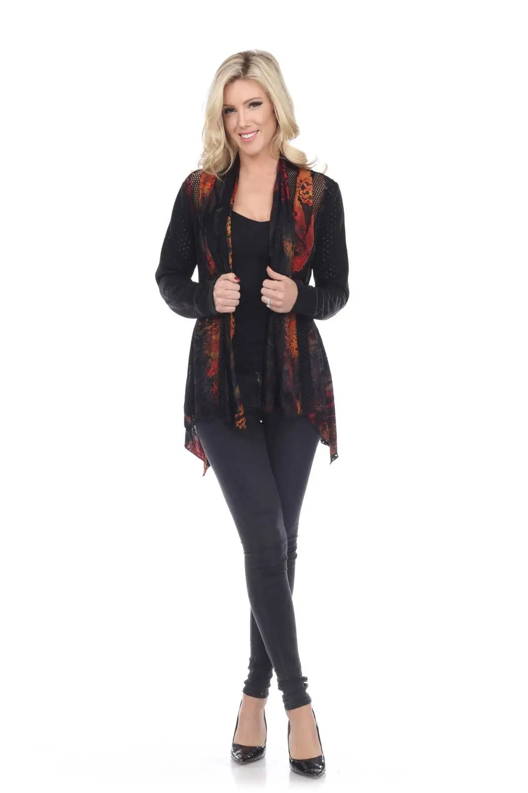 Women's Open Front Cardigan with Ornate Print Trim