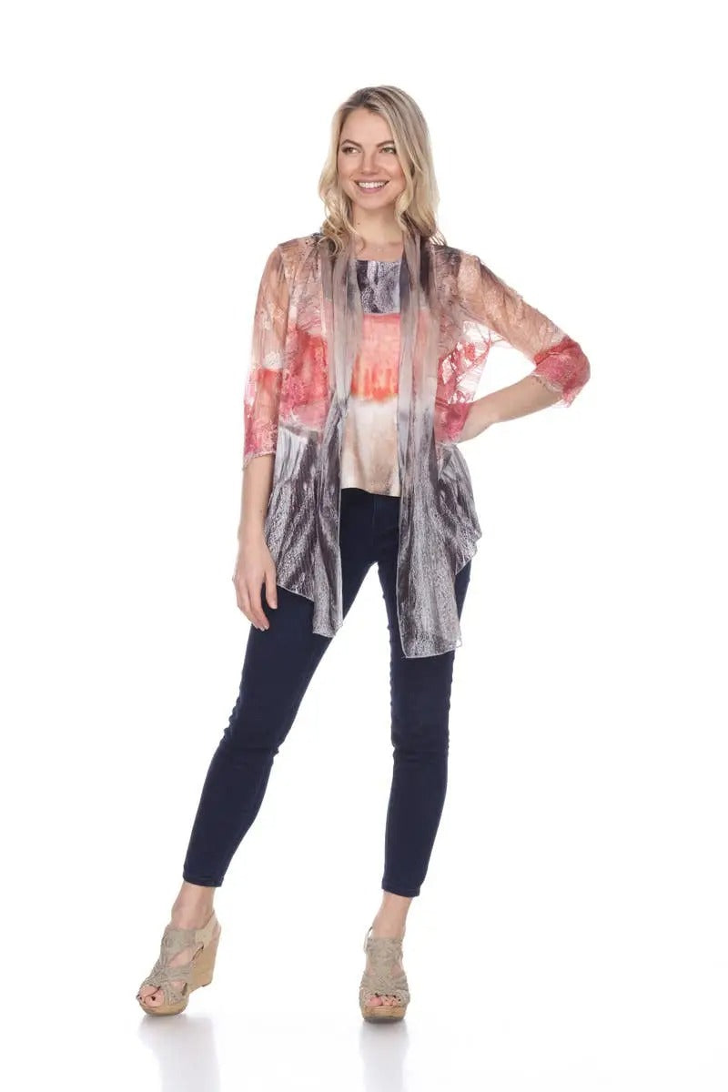 Women's Tie-Dye Velvet Cardigan with Gray Burnout Details
