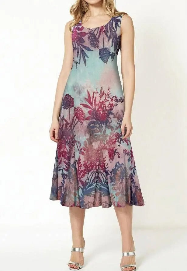 Women's Floral Print Sleeveless Fit and Flare Midi Dress