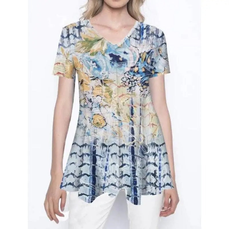 Women's Floral Print Short Sleeve Tunic with Blue Tie-Dye Pattern
