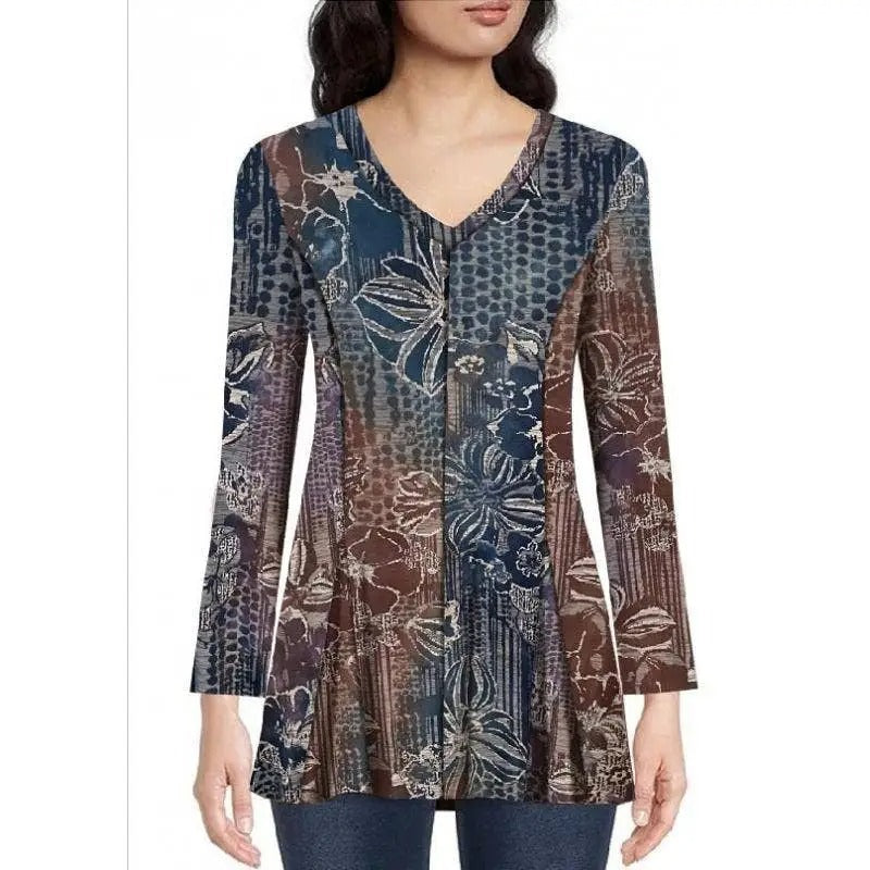 Women's Patchwork Floral Print V-Neck Tunic Top