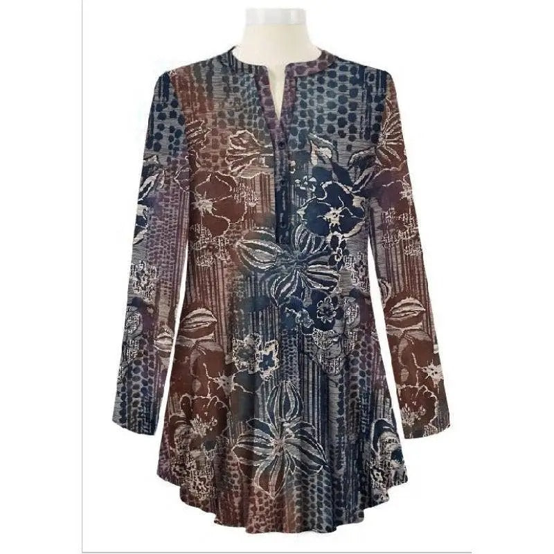 Women's Mixed Print A-Line Tunic with Long Sleeves