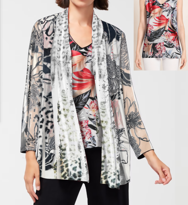 Women's Mixed Print Open Front Cardigan with Floral and Geometric Patterns