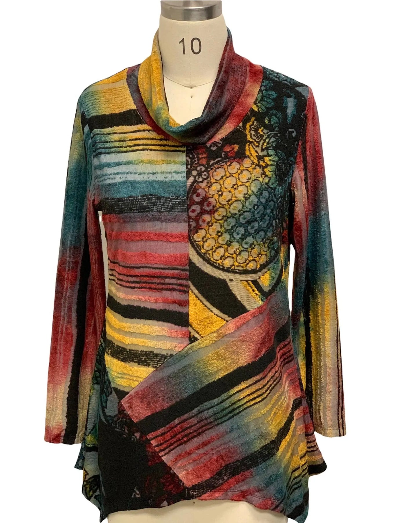 Women's Colorful Patchwork Tunic with Cowl Neck
