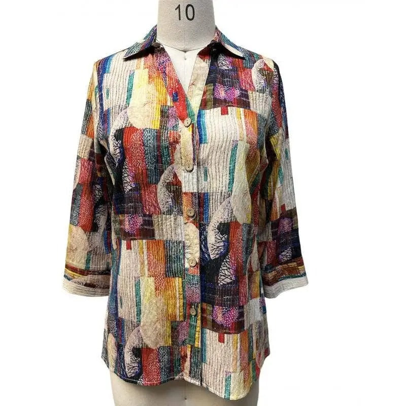 Women's Colorful Patchwork Button-Front Tunic Blouse