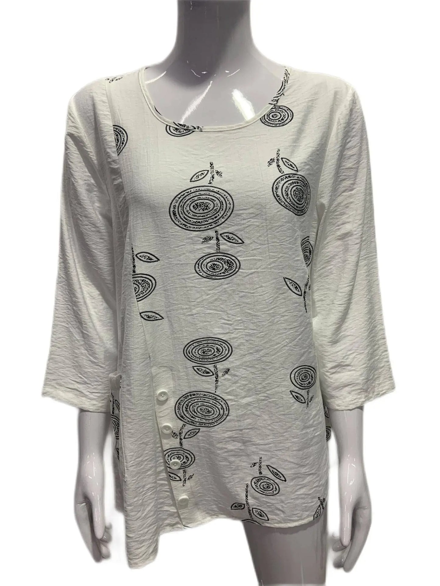 Women's Cream Floral Print Button-Front Tunic