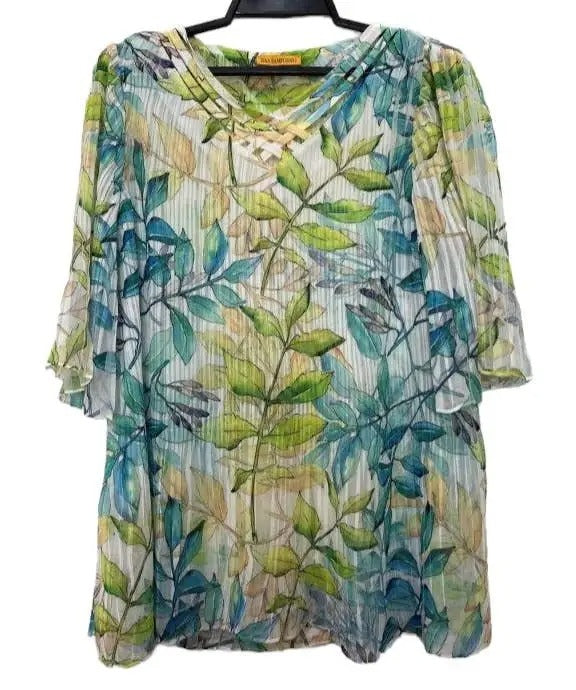 Women's Botanical Print Crinkle Tunic with Three-Quarter Sleeves