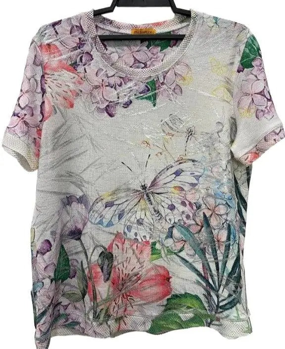 Women's Floral Print Knit Top with Butterfly and Garden Design