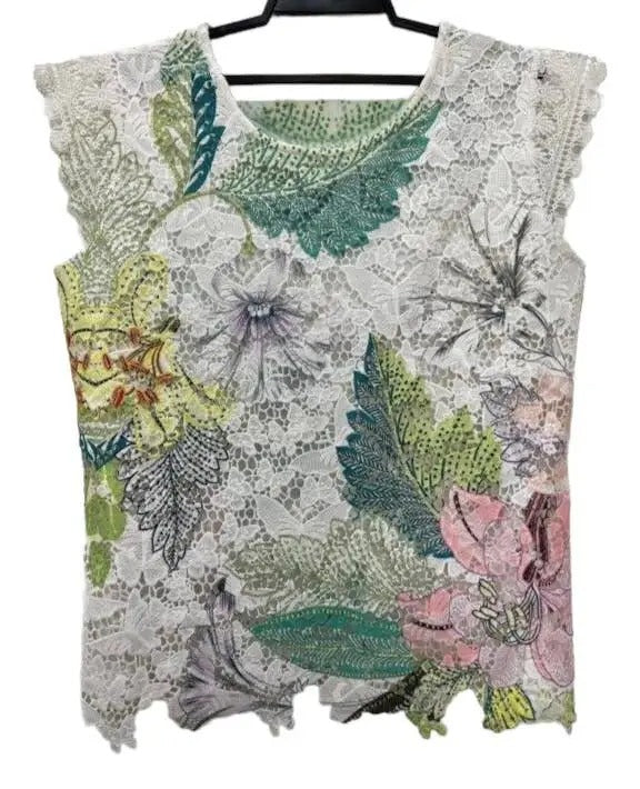 Women's Floral Lace Sleeveless Blouse with Scalloped Hem