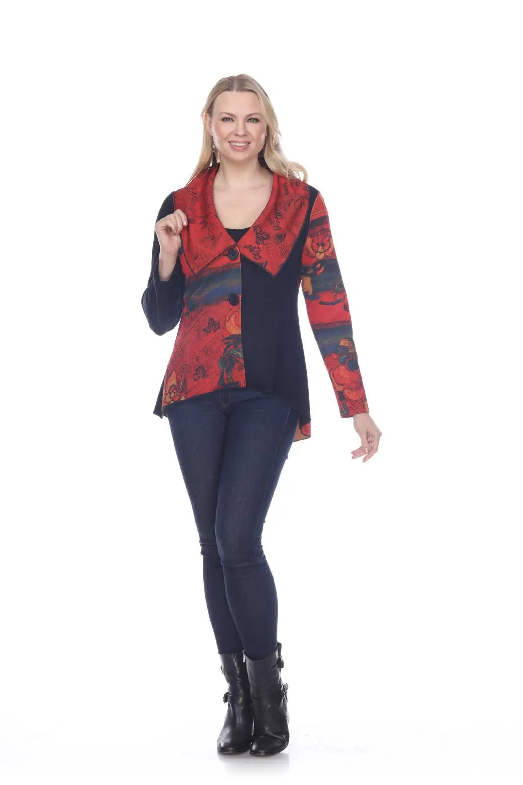 Women's Red Patterned Open Front Cardigan with Collar