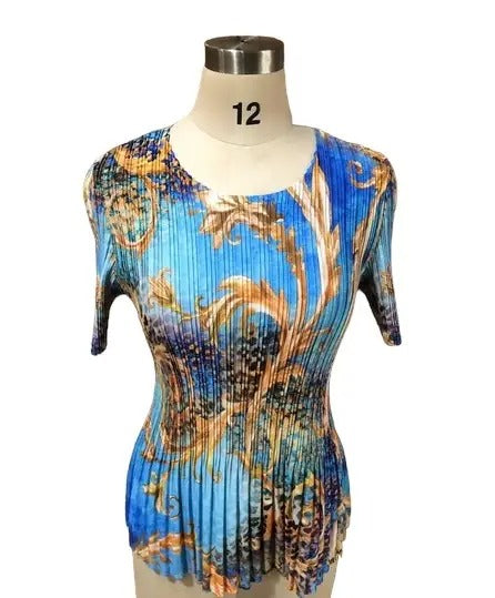 Women's Blue Pleated Floral Print Blouse with Short Sleeves