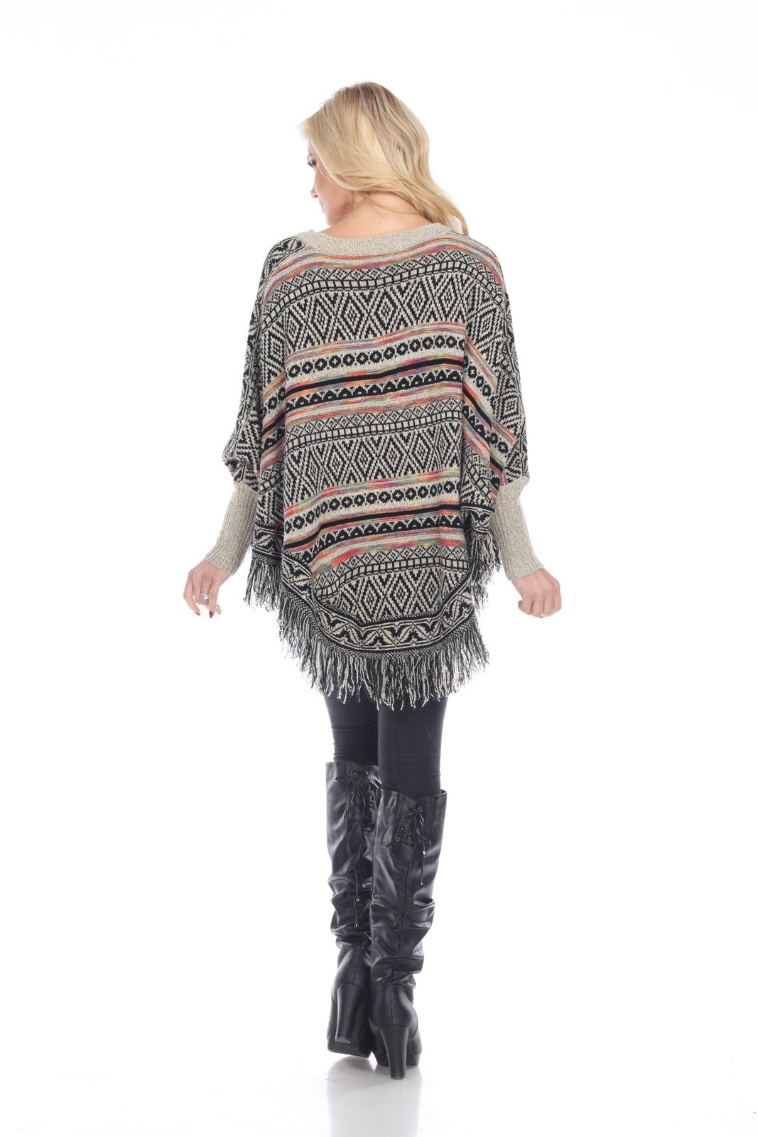 Aztec Diamond Fringe Sleeved Poncho - Kamana Clothing