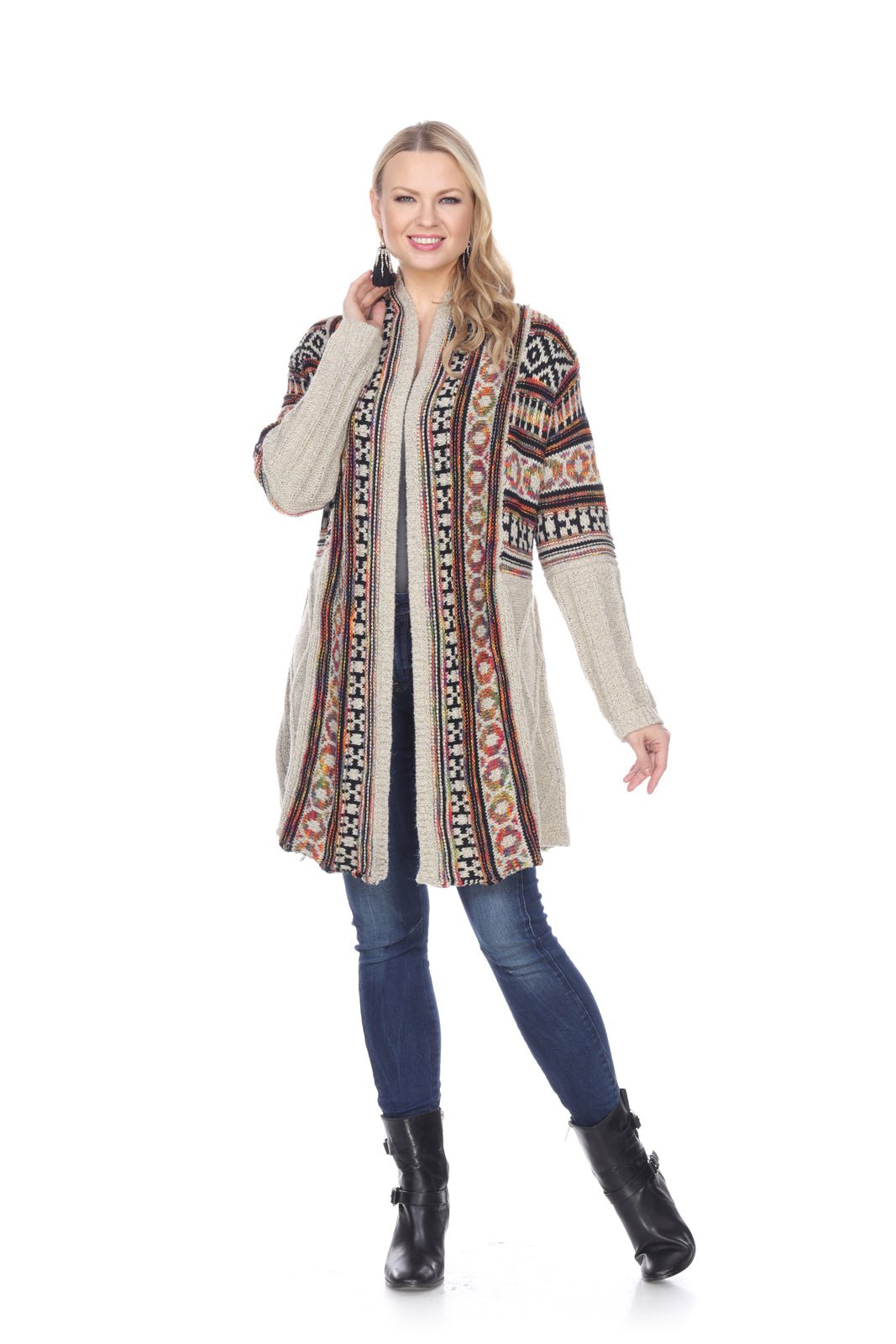 Southwest Tribal Print Open Front Sweater - Kamana Clothing