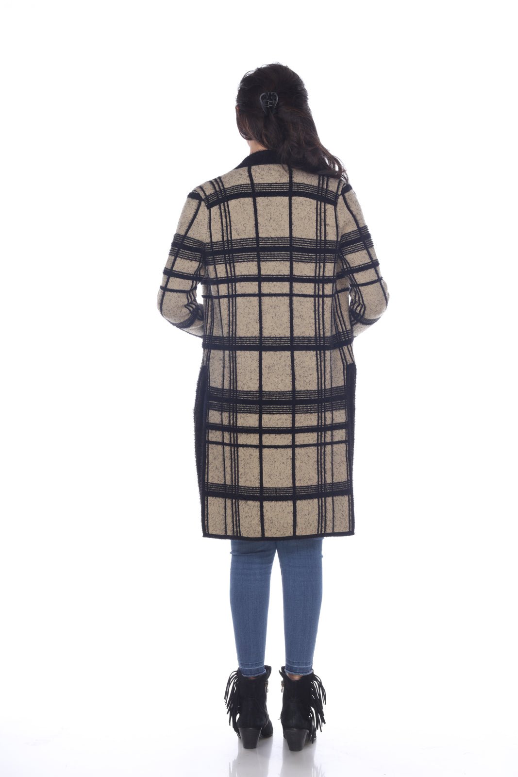 Plaid Knit Open Sweater - Kamana Clothing