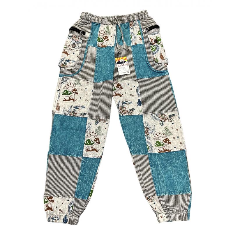 Cotton Multi Patchwork Teal Mushroom Pant D937