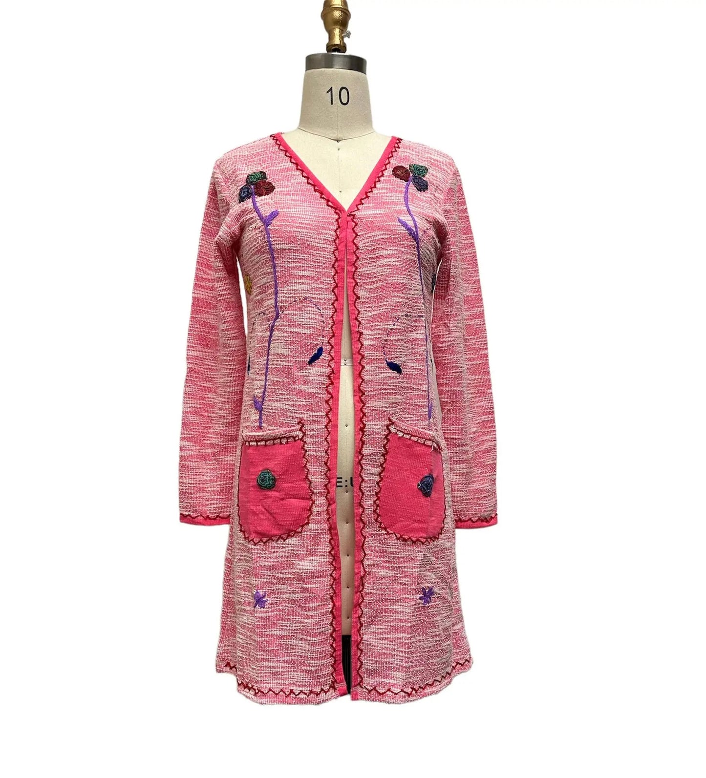 Women's Pink Embroidered Knit Cardigan Coat with Floral Details