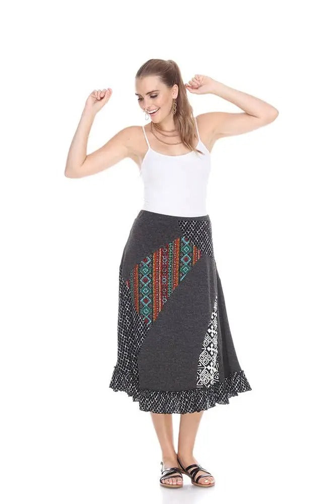 Women's Gray Patchwork A-Line Midi Skirt with Ethnic Print