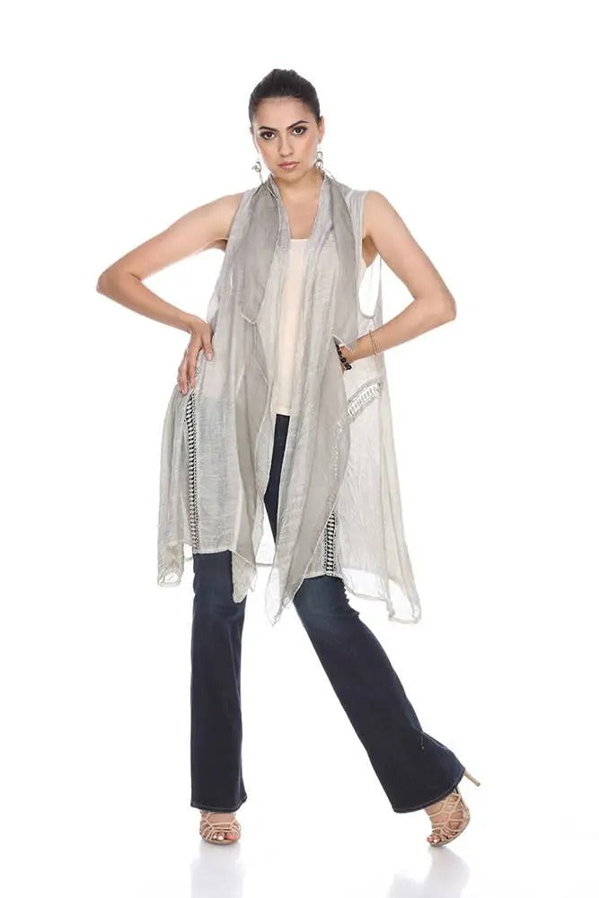 Women's Lightweight Gray Open-Front Cardigan Vest with Decorative Trim