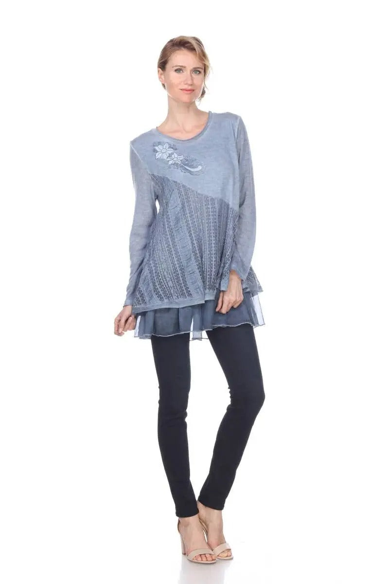 Women's Blue Floral Tunic Top with Layered Mesh Hem