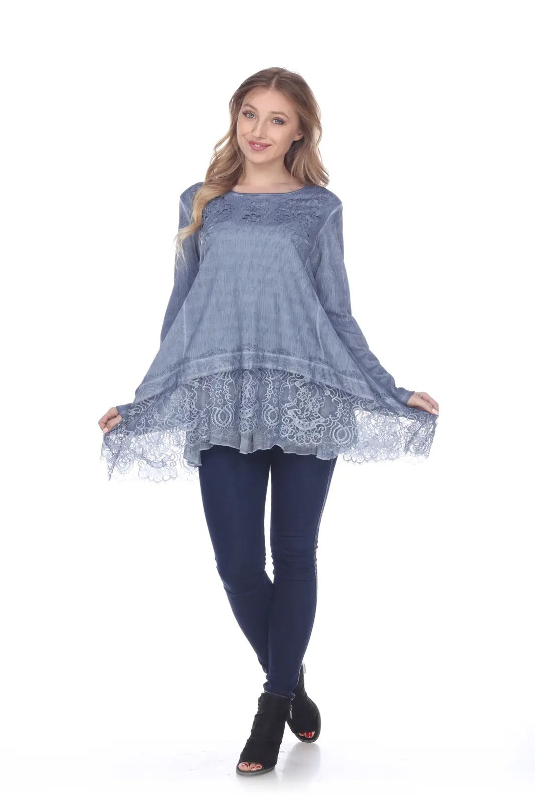 Women's Blue Denim Tunic with Lace Hem