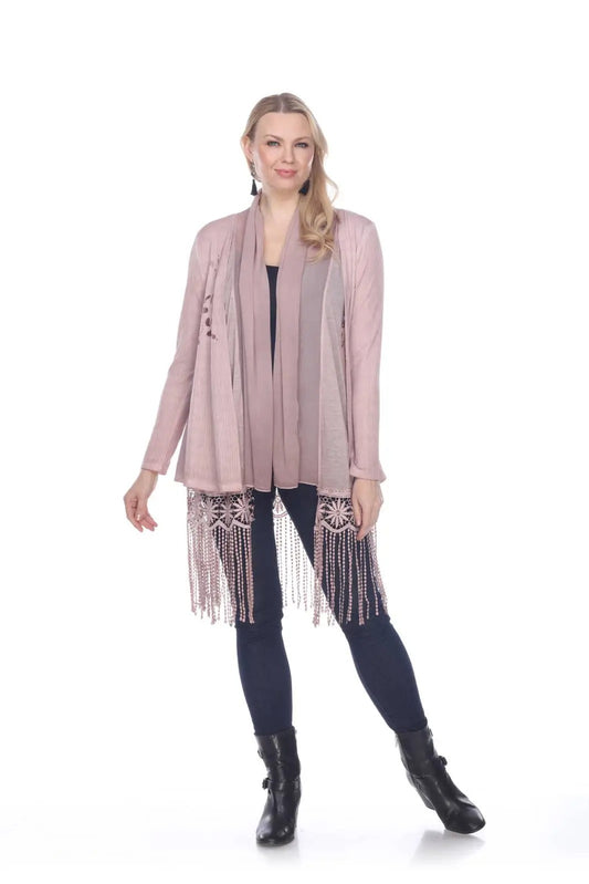 Women's Mauve Ribbed Cardigan with Lace Fringe Trim