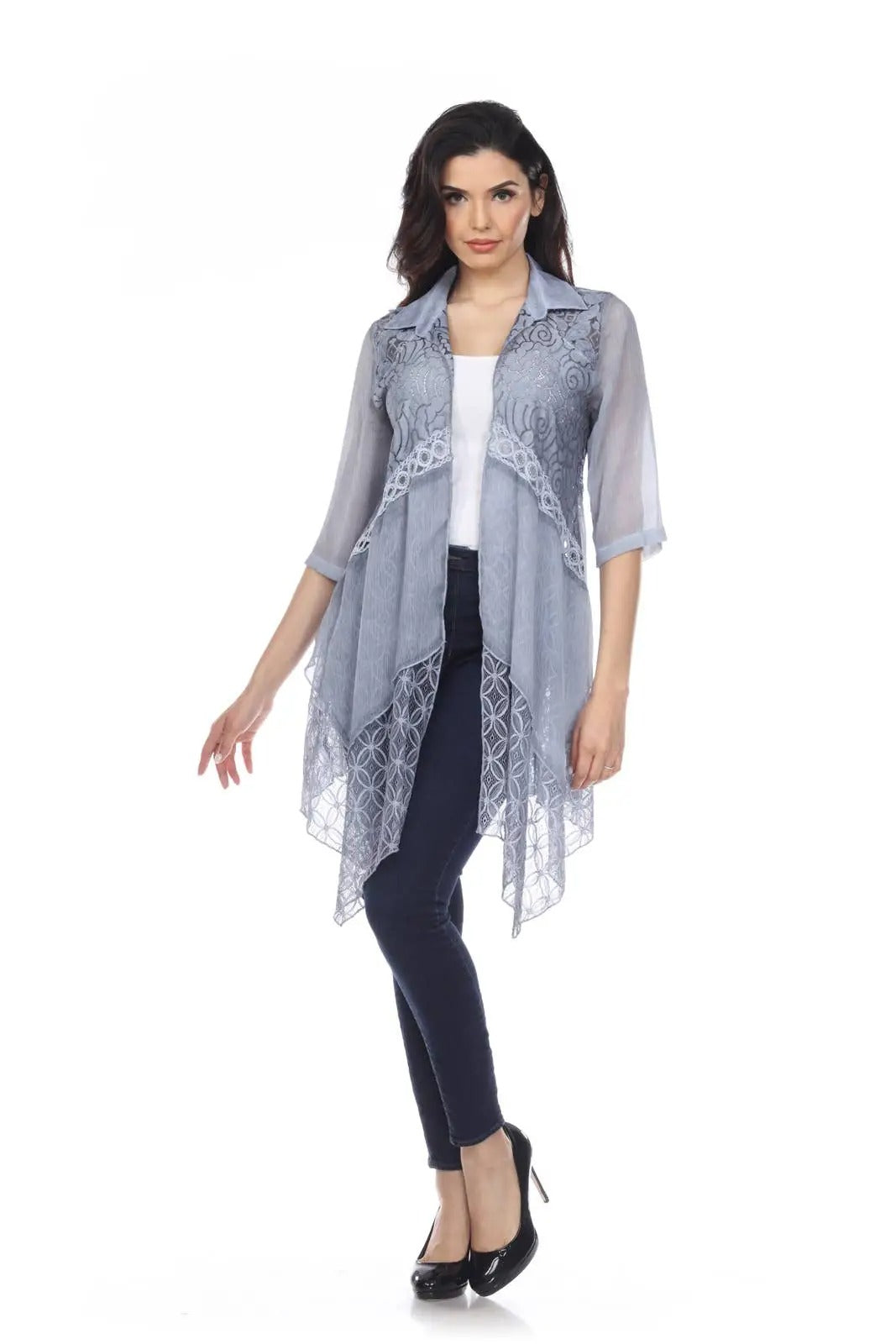Women's Lace Open Front Cardigan with Collar