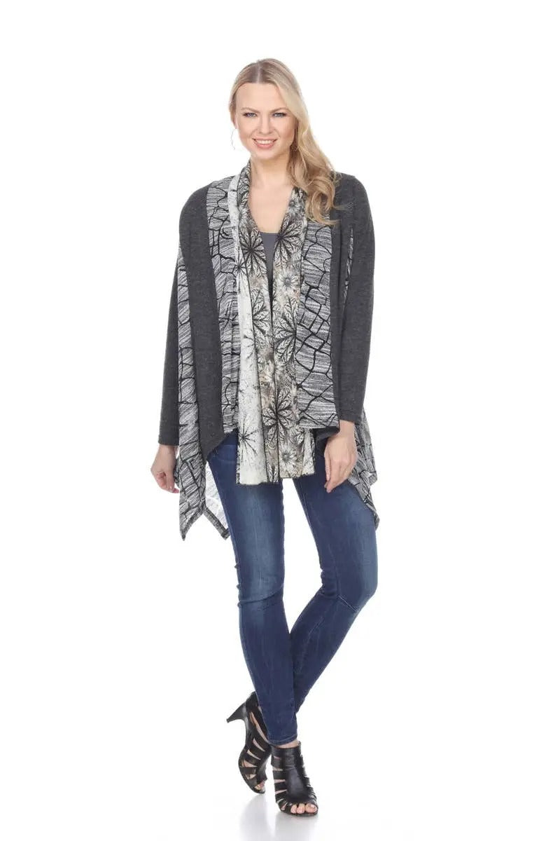 Women's Charcoal Open Front Cardigan with Patterned Scarf