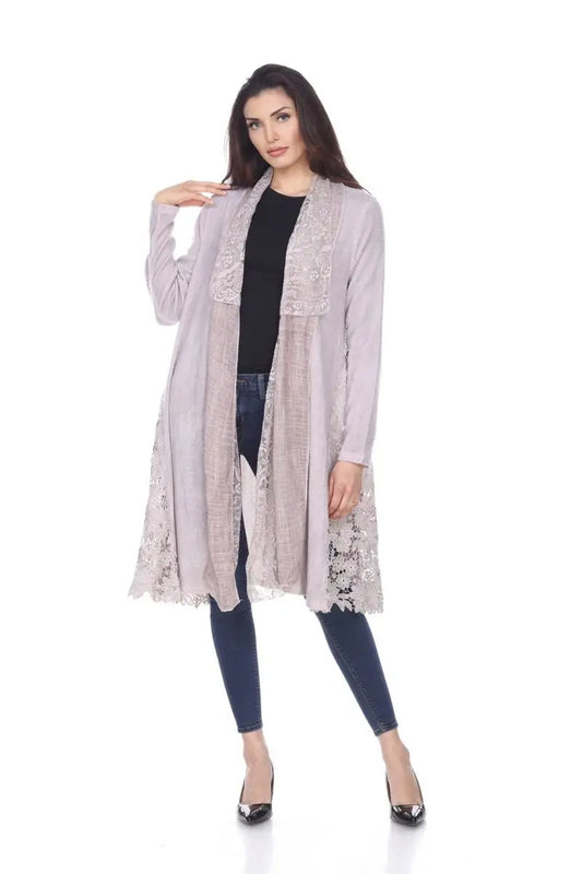 Women's Lace Trim Open Front Cardigan in Mauve