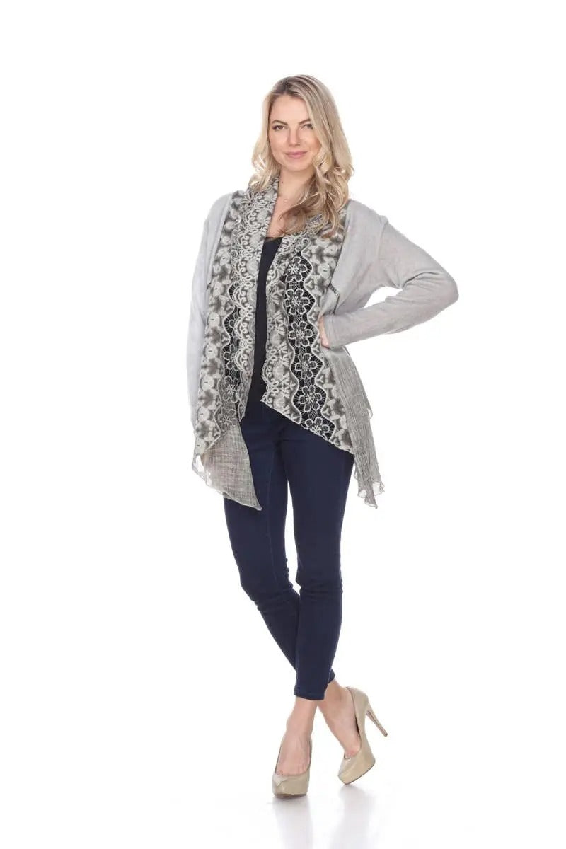Women's Lace Trim Open Front Cardigan in Gray