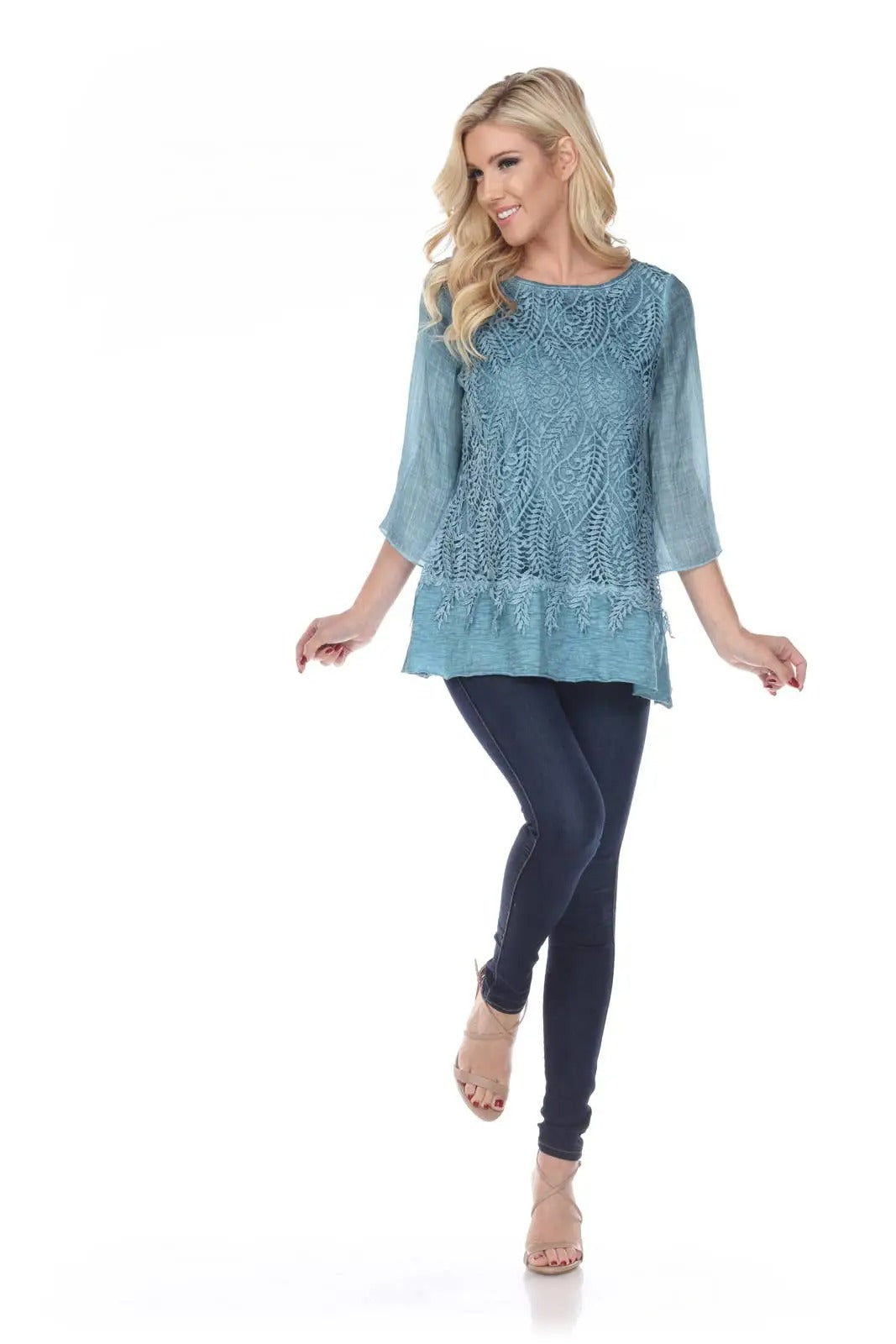Women's Lace Front Tunic with Chambray Sleeves