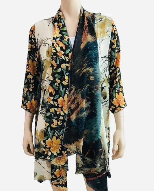 Women's Floral Print Open Front Cardigan with Mixed Pattern Design