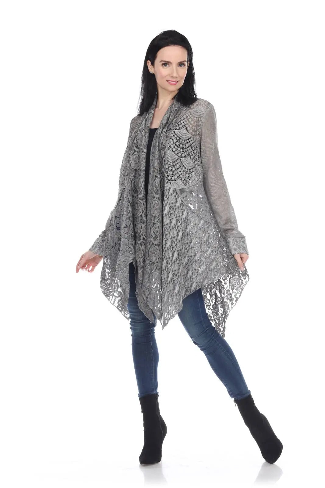 Women's Gray Lace Open Front Cardigan with Asymmetrical Hem