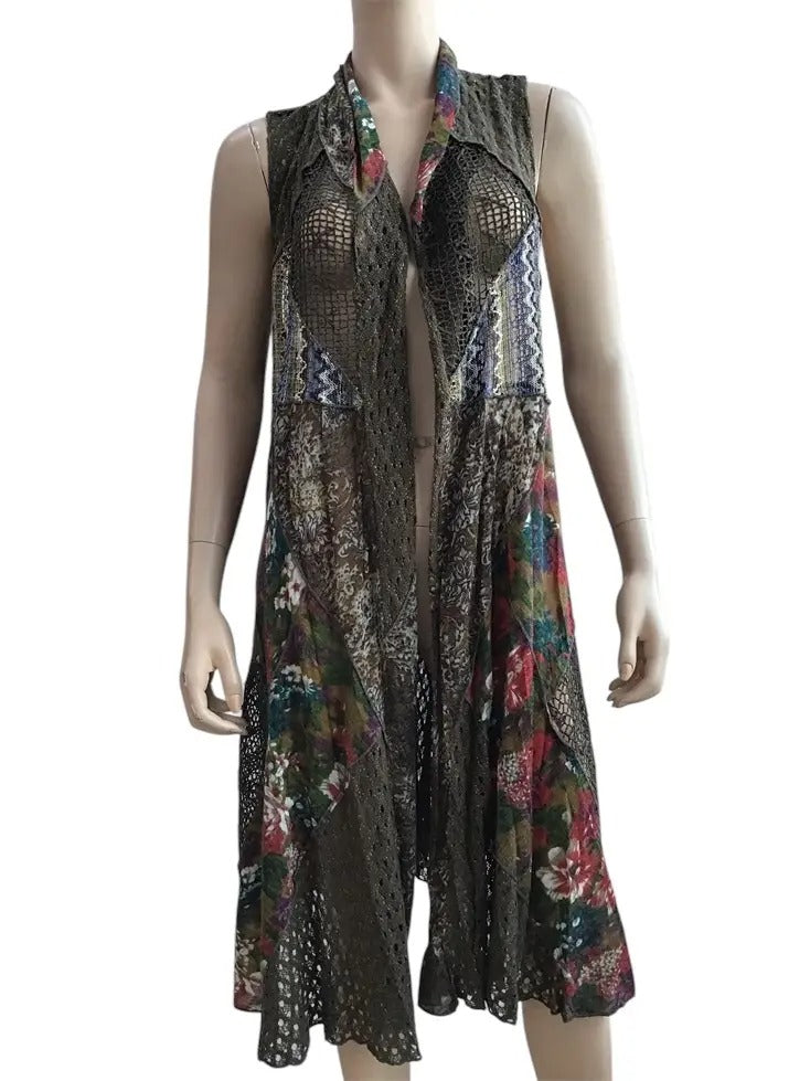 Women's Floral Lace Cardigan Vest with Patterned Lining