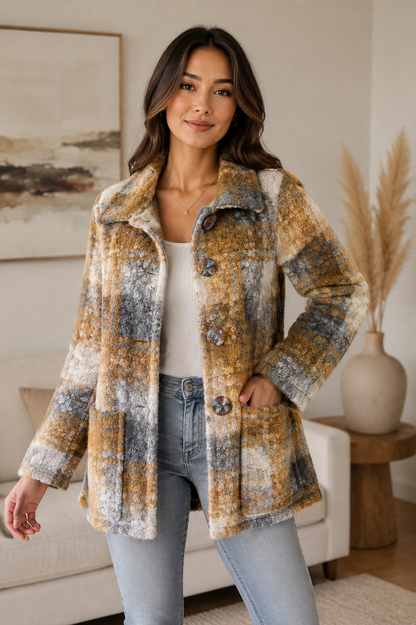 Women's Brown Four Button Paid Mountain Jacket Coat