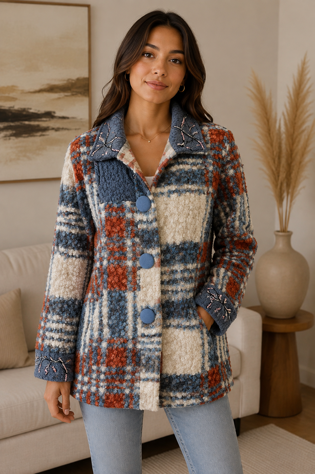 Women's Collar Embroidery Four Button Jacket Coat