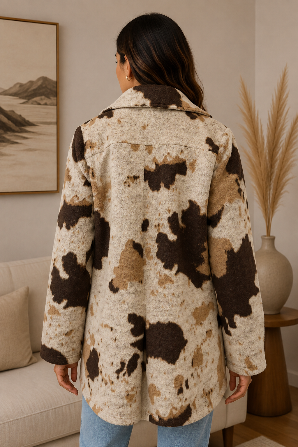 Women's Collar Single Button Cow Print Jacket Coat