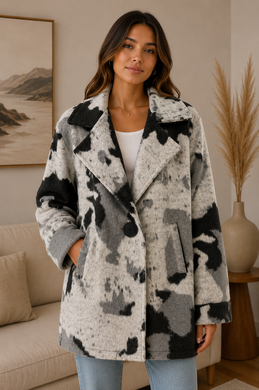 Women's Collar Single Button B/W Cow Jacket Coat